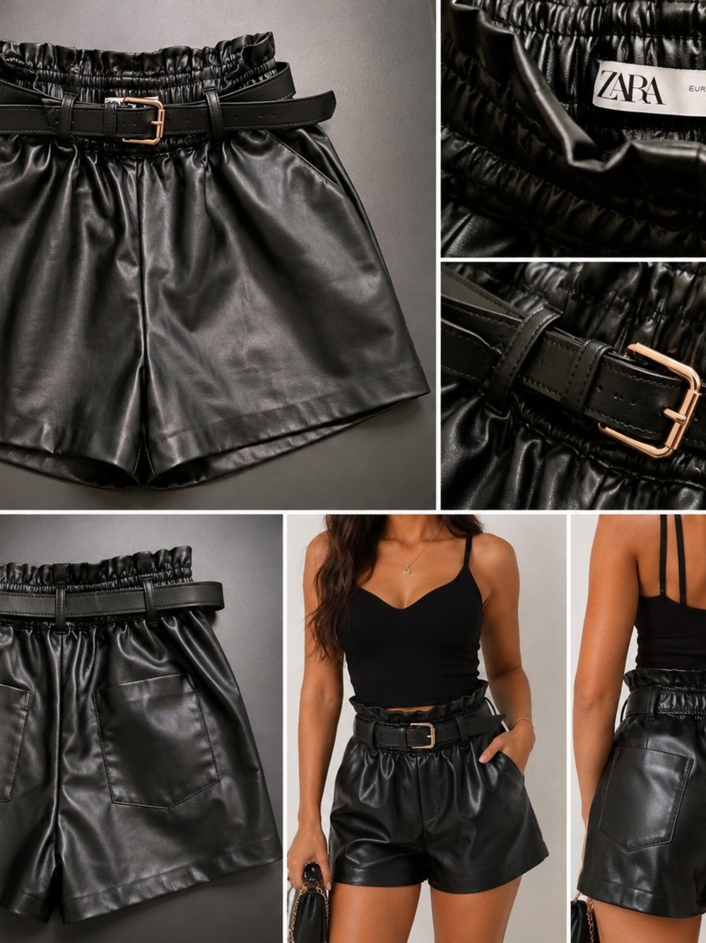 Zara Black Faux Leather Paperbag Shorts with Belt